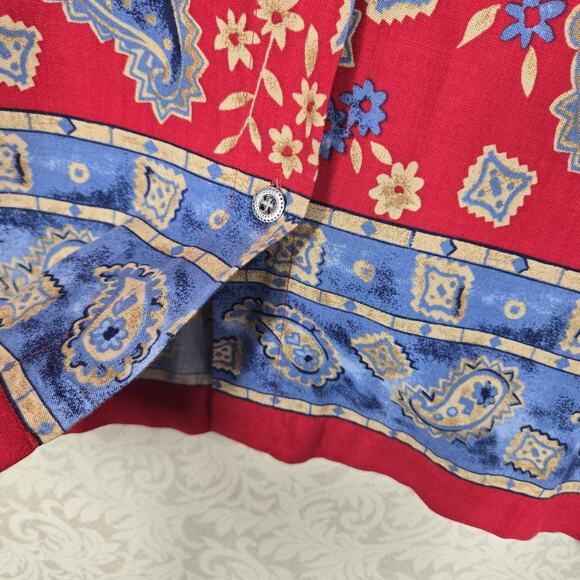 VTG Capacity Top Shirt Shacket M Red Blue Paisley Floral Mixed Denim Collar - Picture 5 of 16